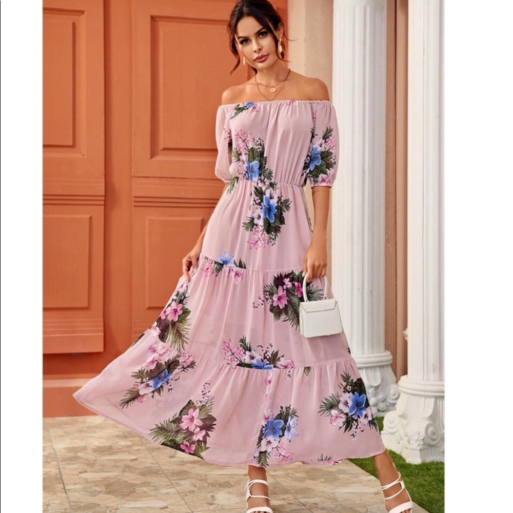 Off Shoulder Pink Floral Maxi Dress